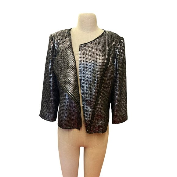 Express Sequin Long Sleeve Jacket Black & Silver Polyester/Spandex M - Picture 10 of 16
